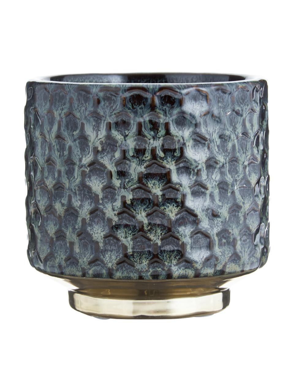 Kleine handgemaakte plantenpot Dela van keramiek, Keramiek, Blauw, goudkleurig, Ø 10 x H 10 cm