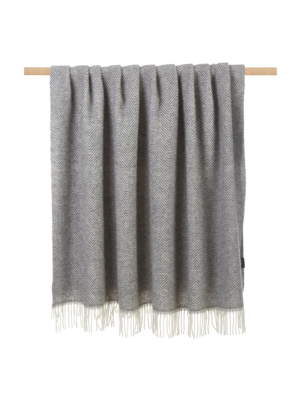 Plaid en laine à franges et motif chevrons Tirol-Mona, Gris, larg. 140 x long. 200 cm