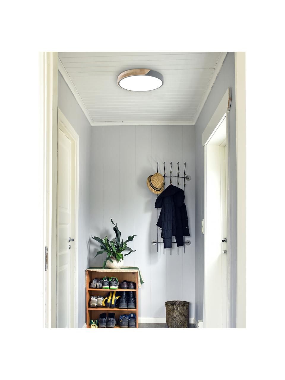 Kleine LED plafondlamp Benoa met houten decoratie, Lampenkap: eikenhout, metaal, Diffuser: acryl, Eikenhout, grijs, Ø 30 x H 5 cm