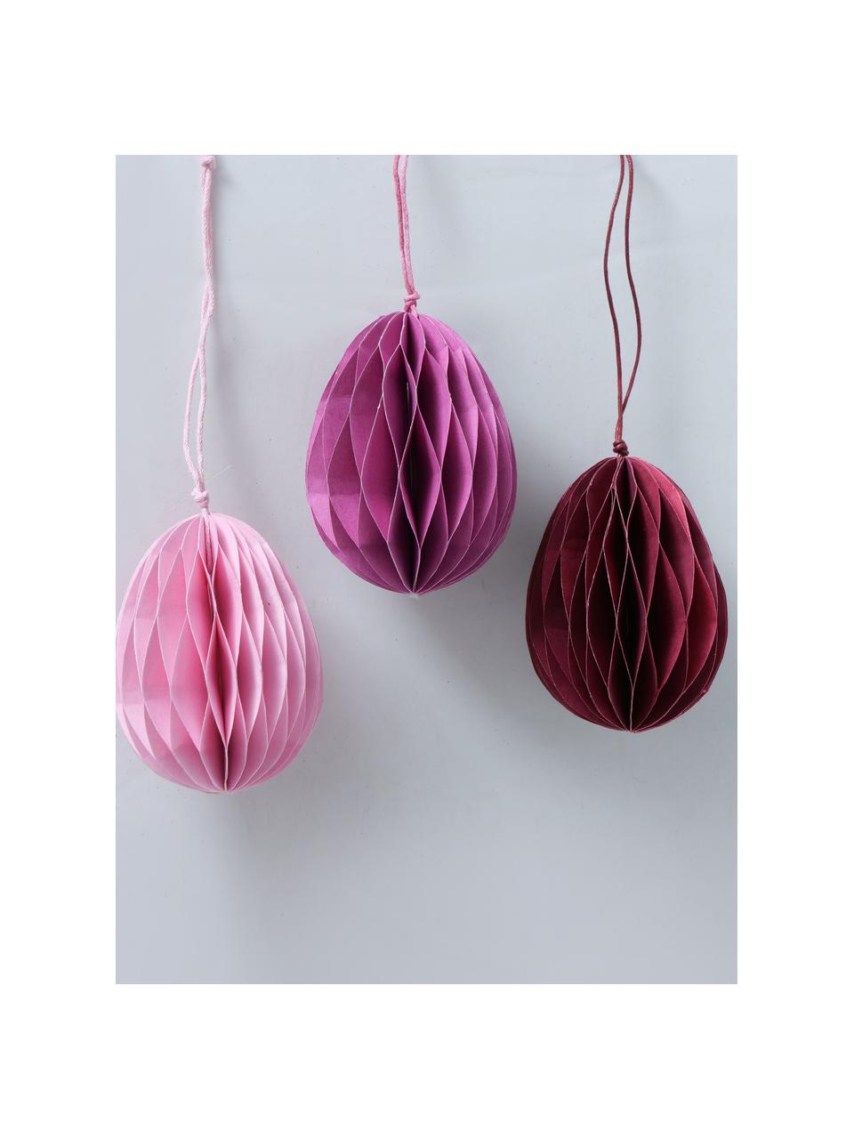 Ręcznie wykonany komplet dekoracyjnych jajek wielkanocnych z zawieszką Tonya, 3 elem., Papier pochodzący z recyklingu, Blady różowy, różowy, śliwkowy, Ø 6 x W 8 cm