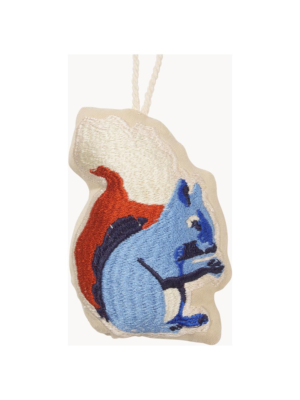 Décorations de sapin de Noël brodées Squirrel, 2 pièces, Coton, Tons bleus, terracotta, blanc cassé, larg. 7 x haut. 10 cm