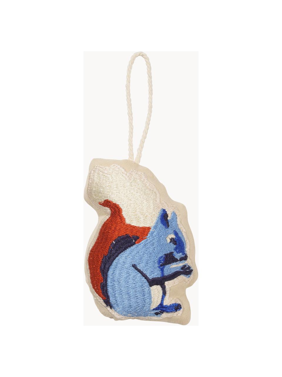 Bestickte Stoff-Baumanhänger Squirrel, 2 Stück, Baumwolle, Blautöne, Terrakotta, Off White, B 7 x H 10 cm