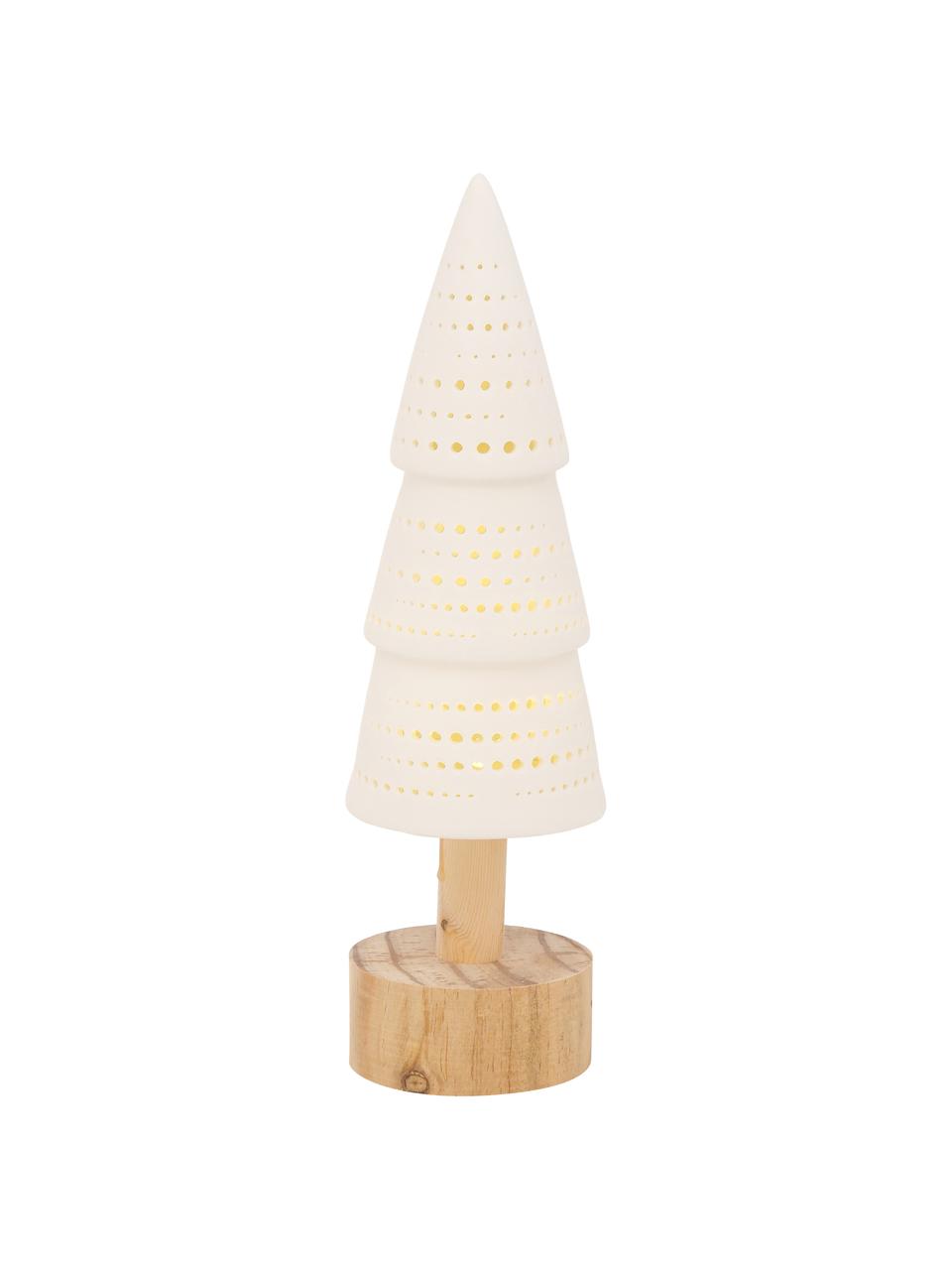 Dekorativní vánoční stromeček na baterie Lumio, Borovicové dřevo, porcelán, Bílá, světle hnědá, Ø 10 cm, V 33 cm