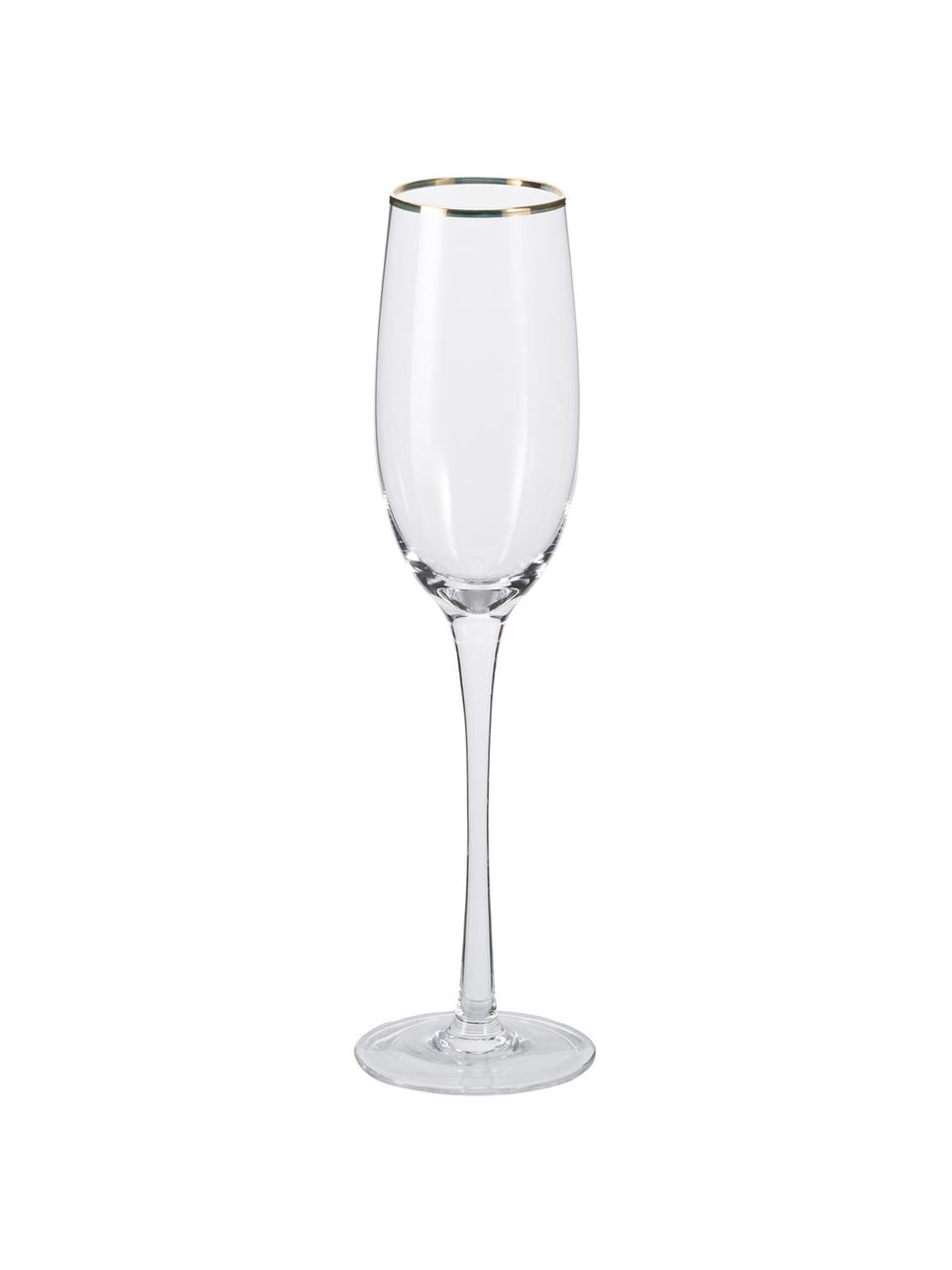 Champagneglazen Chloe in transparant met handgeschilderde goudkleurig rand, 4er-set, Glas, Transparant, Ø 7 x H 25 cm