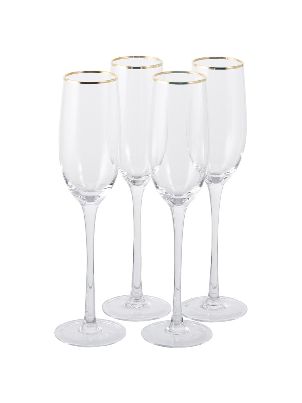 Champagneglazen Chloe in transparant met handgeschilderde goudkleurig rand, 4er-set, Glas, Transparant, Ø 7 x H 25 cm