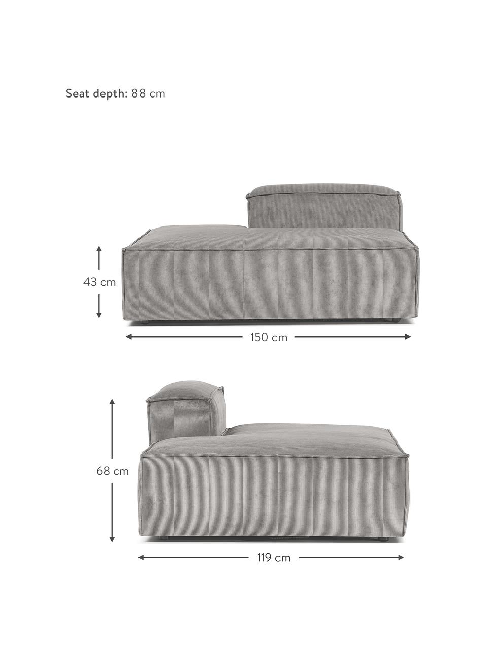 Ottomane-Modul Lennon aus Cord, Bezug: Cord (92% Polyester, 8% P, Gestell: Massives Kiefernholz, FSC, Füße: Kunststoff, Cord Grau, B 150 x H 68 cm, Rückenlehne rechts