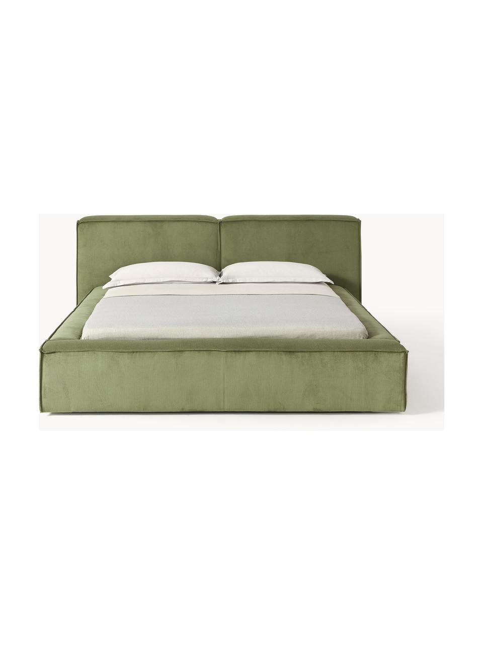 Letto imbottito in velluto a coste Lennon, Rivestimento: velluto a coste (98% poli, Struttura: legno di pino massiccio, , Piedini: legno, plastica Questo pr, Velluto a coste verde oliva, Larg. 208 x Lung. 243 cm (superfice 140 x 200 cm)