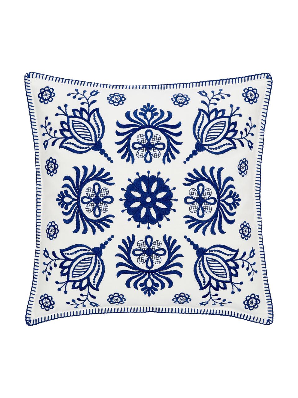 Housse de coussin 45x45 brodée ethnique Folk, 100 % coton, Bleu, blanc, larg. 45 x long. 45 cm