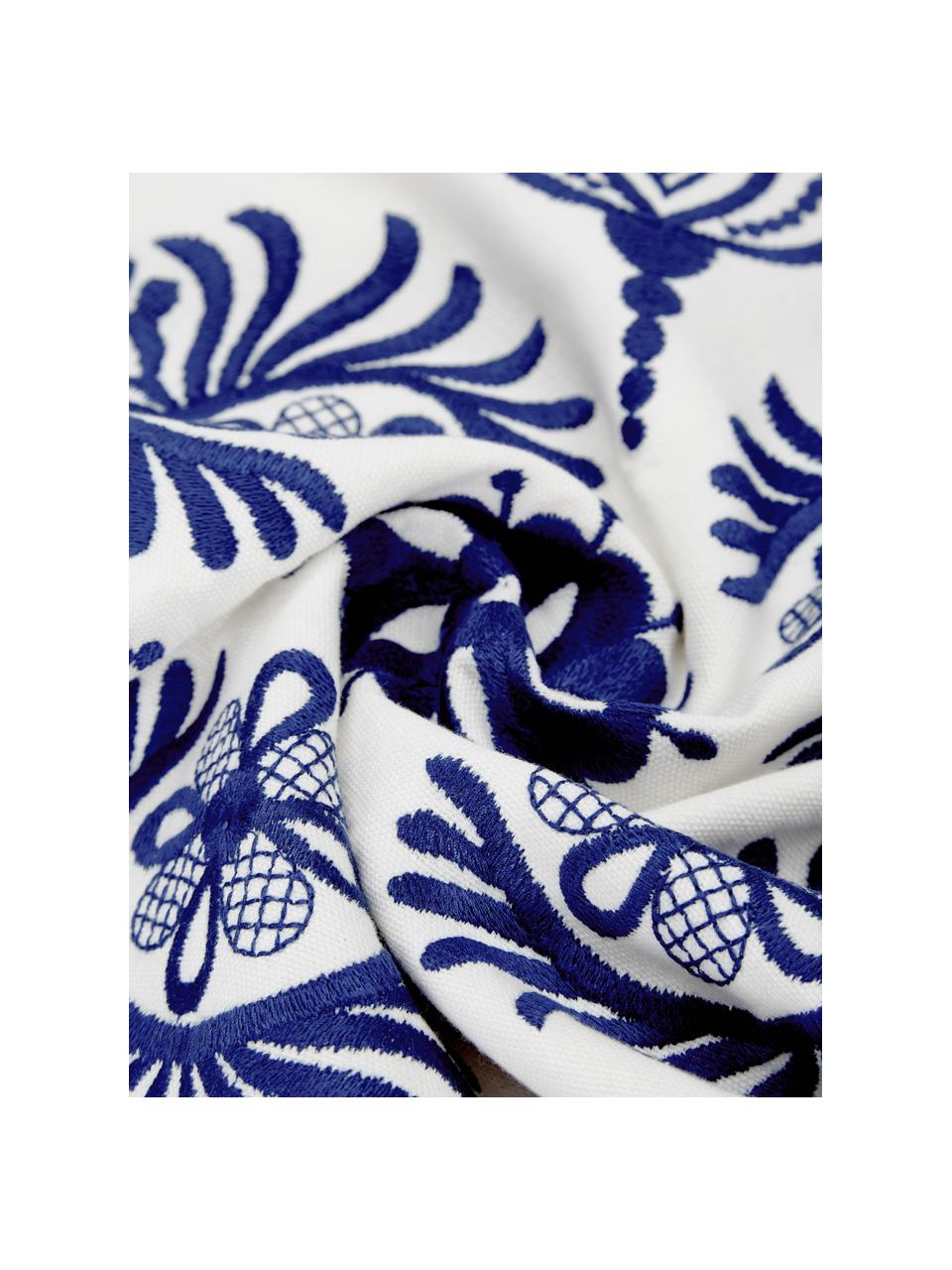 Poszewka na poduszkę z haftowanym wzorem Folk, 100% bawełna, Niebieski, biały, S 45 x D 45 cm