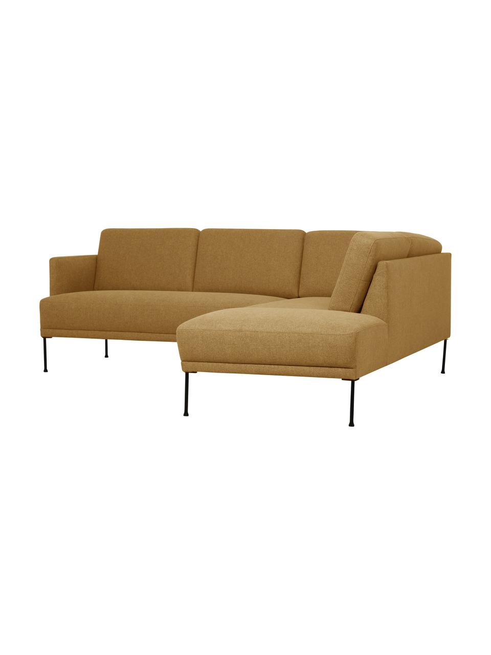Sofa narożna Fluente, Tapicerka: 100% poliester Dzięki tka, Stelaż: lite drewno sosnowe z cer, Nogi: metal malowany proszkowo, Musztardowa tkanina, S 221 x G 200 cm, prawostronna