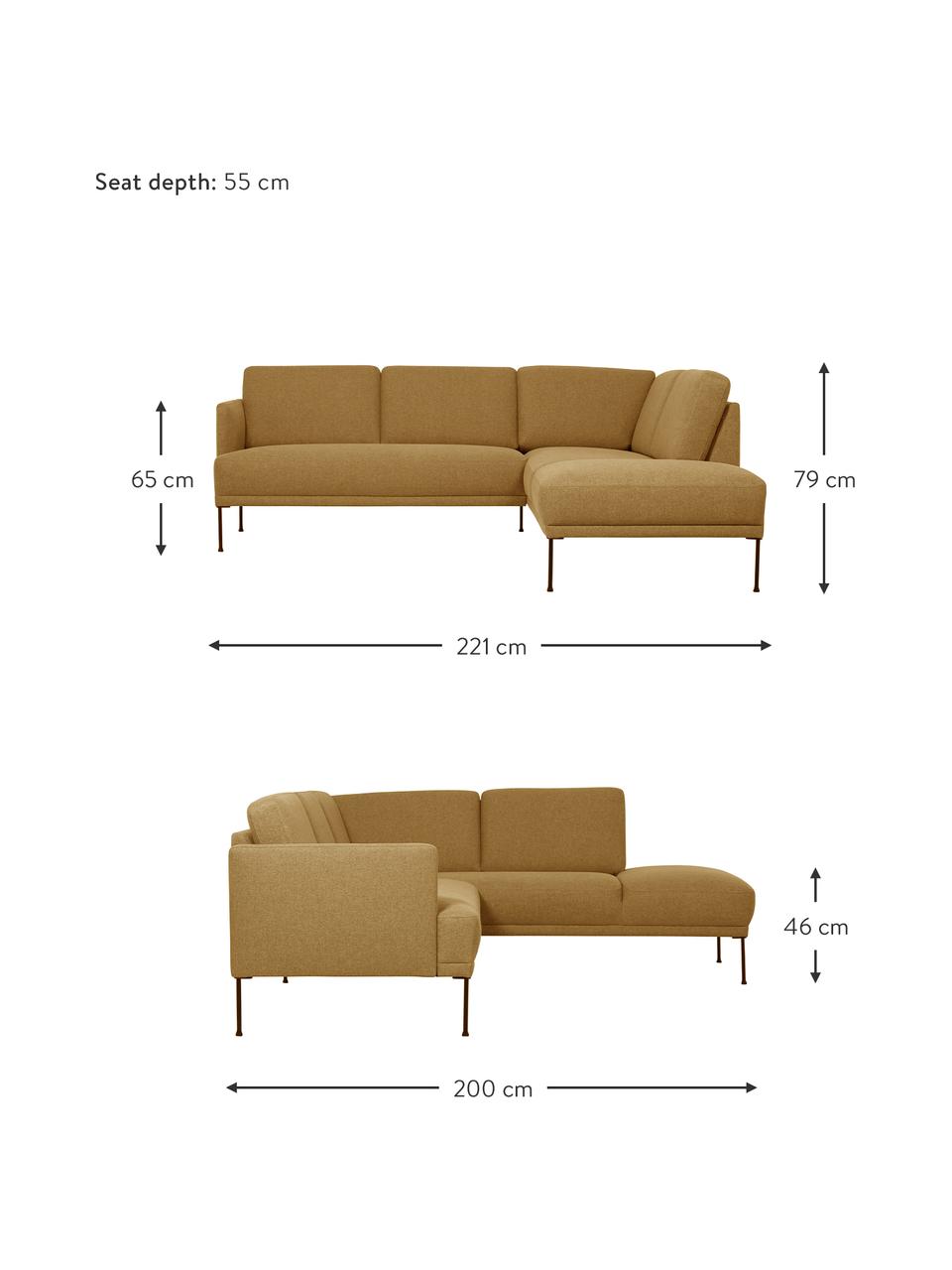 Ecksofa Fluente, Bezug: 100% Polyester Der strapa, Gestell: Massives Kiefernholz, FSC, Webstoff Senfgelb, B 221 x T 200 cm, Eckteil rechts