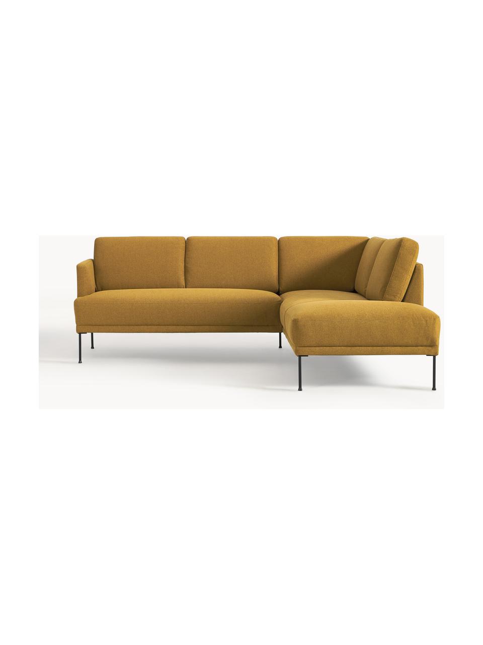 Sofa narożna Fluente, Tapicerka: 100% poliester Dzięki tka, Stelaż: lite drewno sosnowe, Nogi: metal malowany proszkowo , Ochrowa tkanina, S 221 x G 200 cm, lewostronna