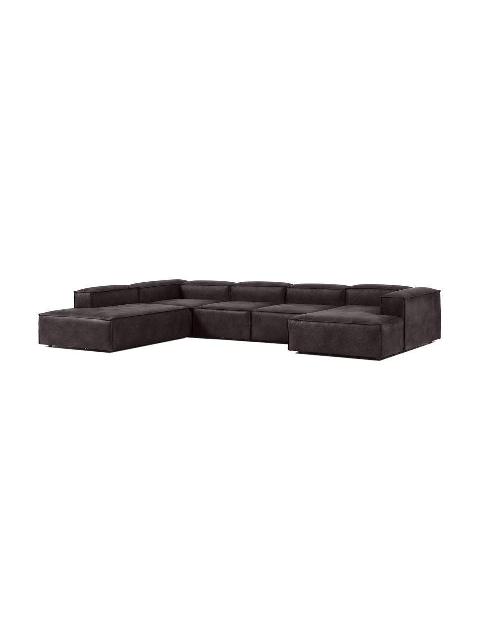 Canapé lounge modulable cuir recyclé Lennon, Cuir brun-gris, larg. 418 x prof. 68 cm, méridienne à gauche