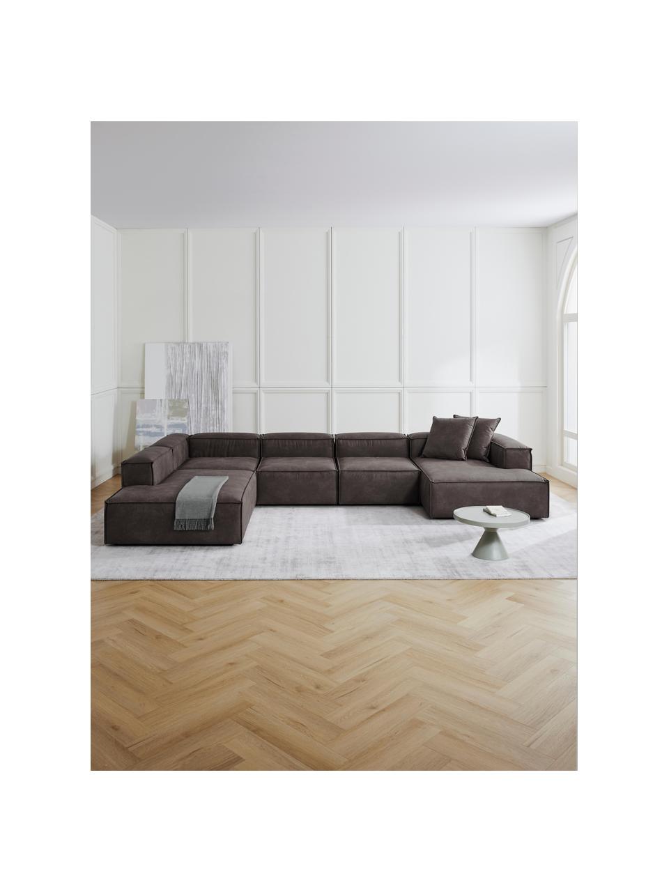 Modulaire woonlandschap Lennon van gerecycled leer, Bekleding: gerecycled leer (70% leer, Frame: massief hout, multiplex, Poten: kunststof Dit product is , Leer taupe, B 418 x D 269 cm, hoekdeel links