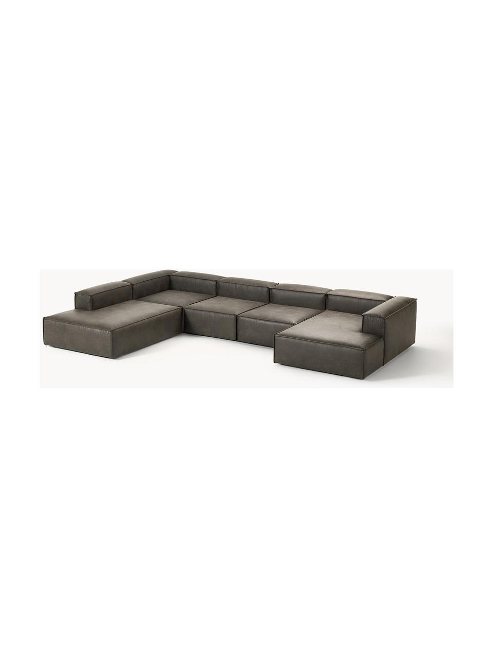 Modulaire woonlandschap Lennon van gerecycled leer, Bekleding: gerecycled leer (70% leer, Frame: massief hout, multiplex, Poten: kunststof Dit product is , Leer taupe, B 418 x D 269 cm, hoekdeel rechts