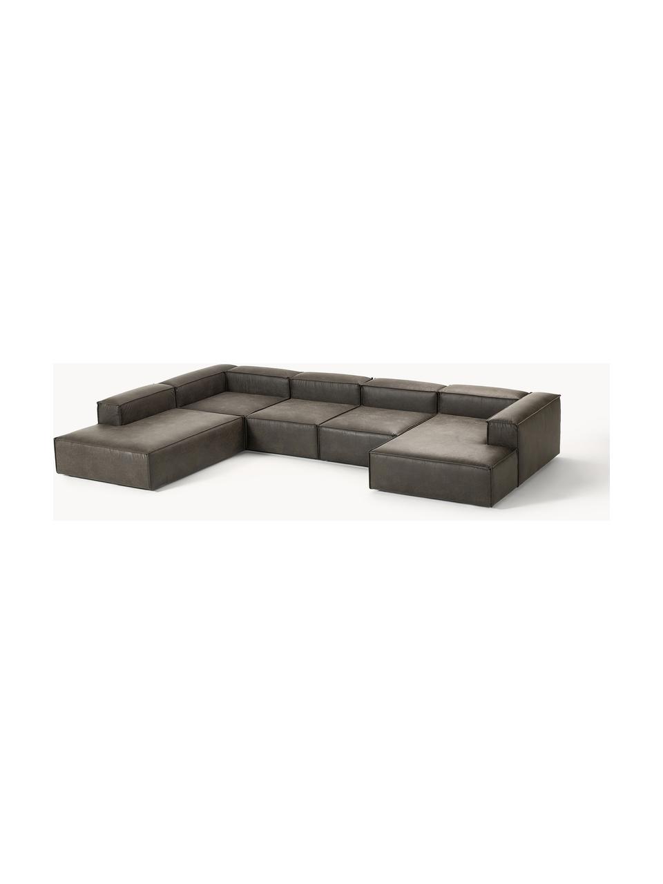 Modulaire woonlandschap Lennon van gerecycled leer, Bekleding: gerecycled leer (70% leer, Frame: massief hout, multiplex, Poten: kunststof Dit product is , Leer taupe, B 418 x D 269 cm, hoekdeel links