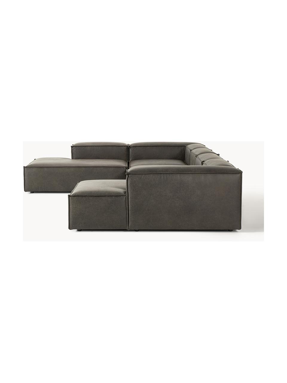 Modulaire woonlandschap Lennon van gerecycled leer, Bekleding: gerecycled leer (70% leer, Frame: massief hout, multiplex, Poten: kunststof Dit product is , Leer taupe, B 418 x D 269 cm, hoekdeel rechts