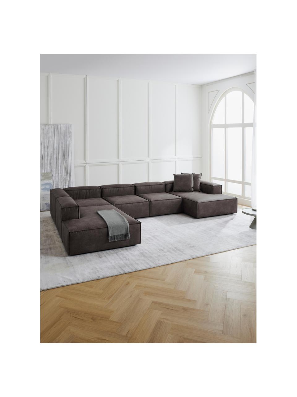 Modulaire woonlandschap Lennon van gerecycled leer, Bekleding: gerecycled leer (70% leer, Frame: massief hout, multiplex, Poten: kunststof Dit product is , Leer taupe, B 418 x D 269 cm, hoekdeel links