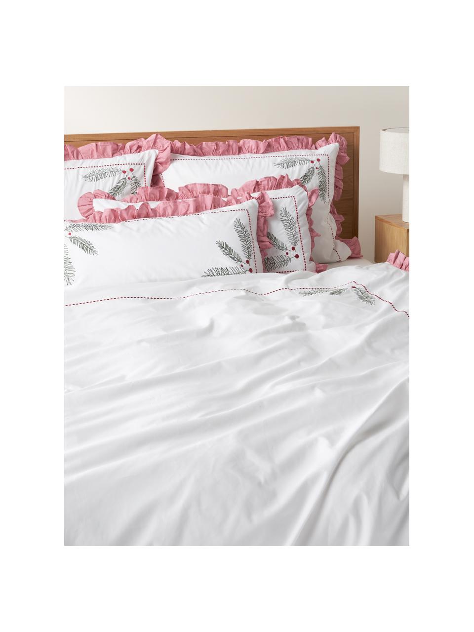 Housse de couette en percale de coton avec broderie et volants Dina, Blanc, rouge, larg. 200 x long. 200 cm