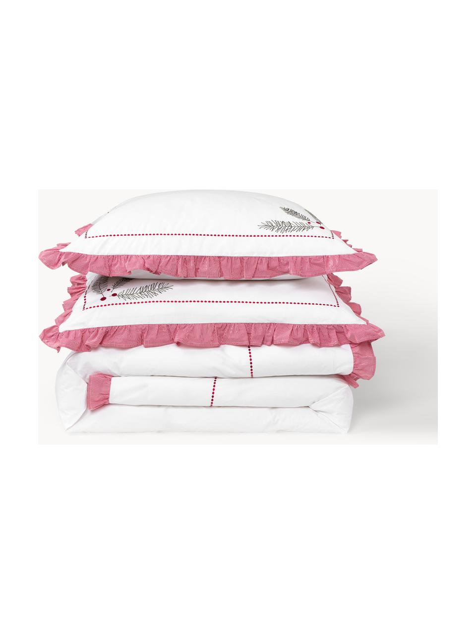 Bestickter Baumwollperkal-Bettdeckenbezug Dina mit Rüschen, Webart: Perkal Perkal ist ein fei, Weiß, Rot, B 200 x L 200 cm