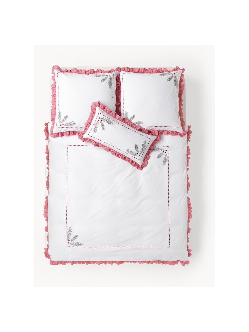 Bestickter Baumwollperkal-Bettdeckenbezug Dina mit Rüschen, Webart: Perkal Perkal ist ein fei, Weiss, Rot, B 200 x L 200 cm