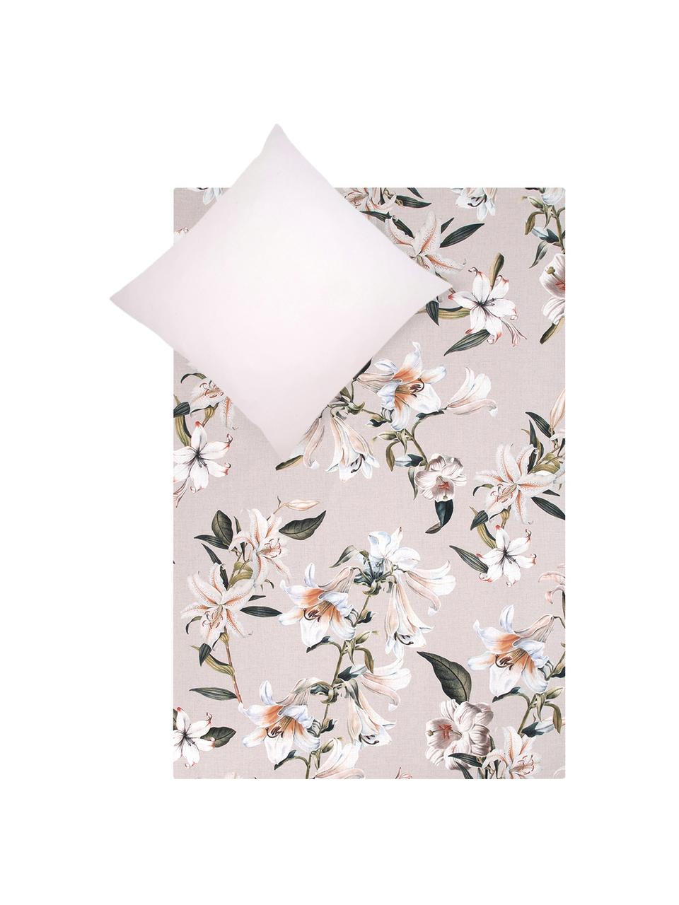 Baumwollsatin-Bettwäsche Flori in Beige mit Blumen-Print, Webart: Satin Fadendichte 210 TC,, Vorderseite: Beige, Cremeweiß Rückseite: Beige, 200 x 200 cm + 2 Kissen 80 x 80 cm