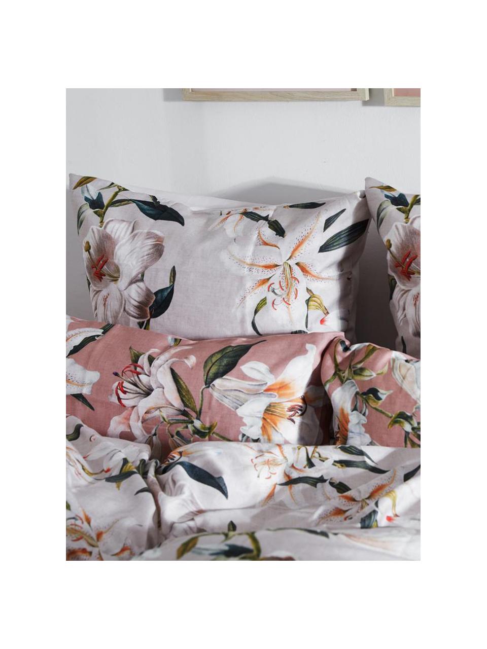 Baumwollsatin-Bettwäsche Flori in Beige mit Blumen-Print, Webart: Satin Fadendichte 210 TC,, Vorderseite: Beige, Cremeweiß Rückseite: Beige, 200 x 200 cm + 2 Kissen 80 x 80 cm