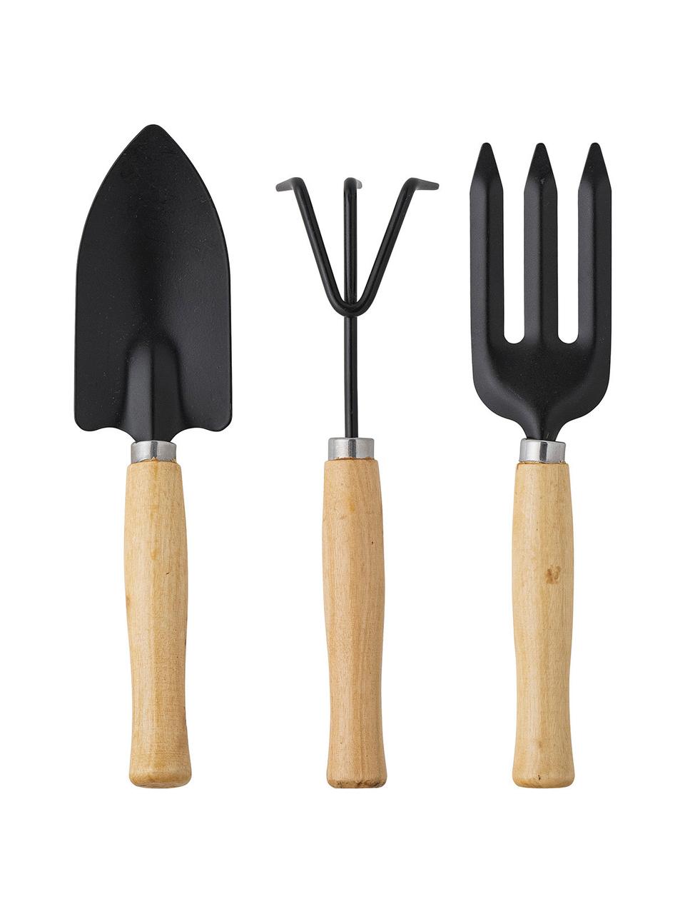 Set 3 attrezzi da giardino con manico in legno di eucalipto Dorel, Manico: legno di eucalipto, Nero, marrone chiaro, argentato, Larg. 7 x Alt. 21 cm