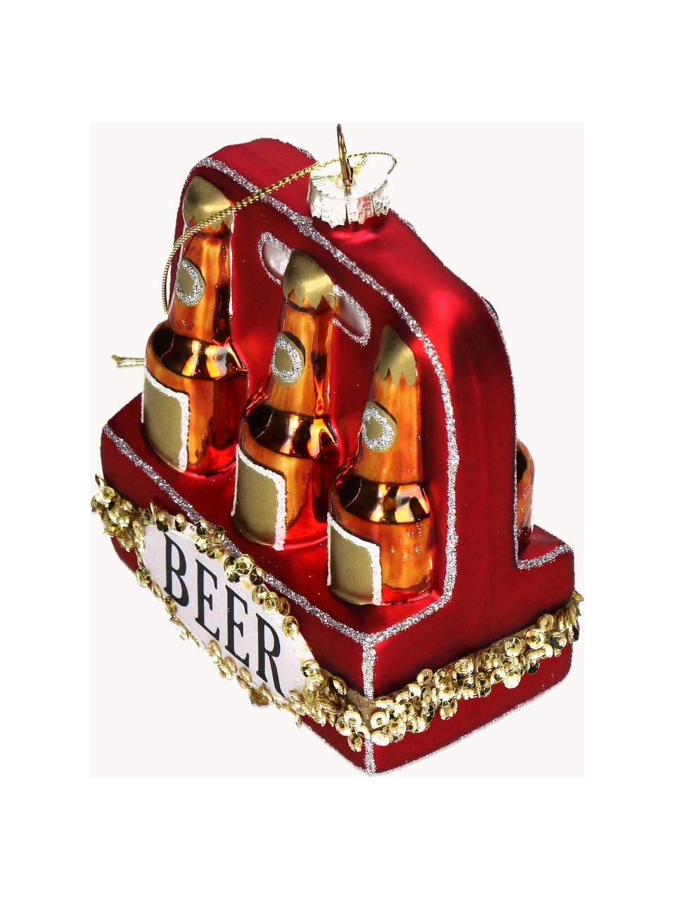 Ciondolo albero di Natale Beer Pack, Vetro, Rosso, dorato, Larg. 8 x Alt. 10 cm