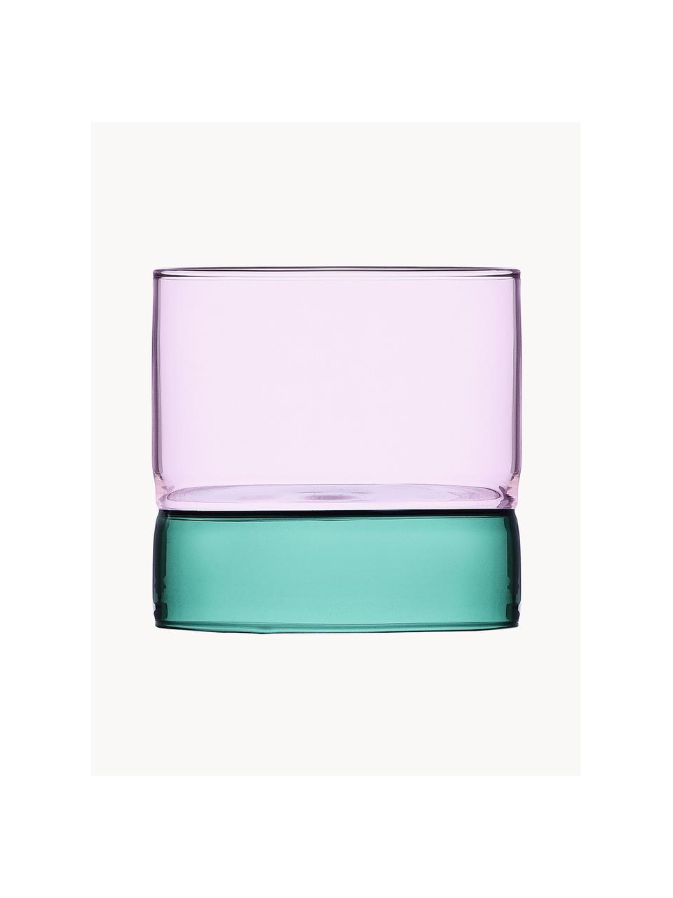 Vasos de agua artesanales Bamboo Groove, 2 uds., Vidrio de borosilicato, Azul petróleo, rosa, transparente, Ø 8 x Al 7 cm, 200 ml