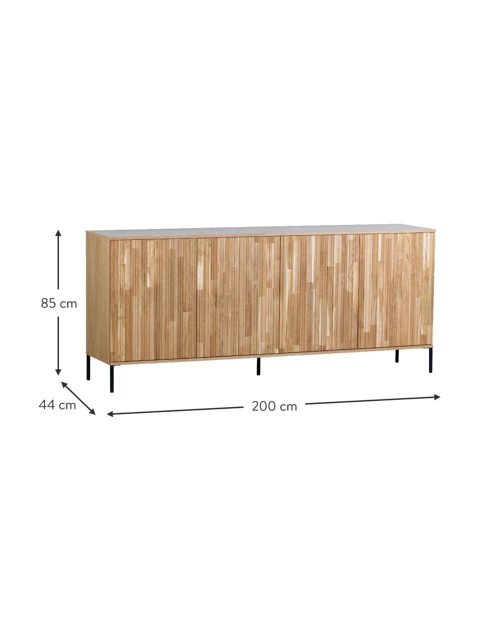 Sideboard Avourio mit geriffelter Front aus Eichenholz, 4-türig, Korpus: Eichenholz, FSC-zertifizi, Füße: Metall, beschichtet, Eichenholz, B 200 x H 85 cm