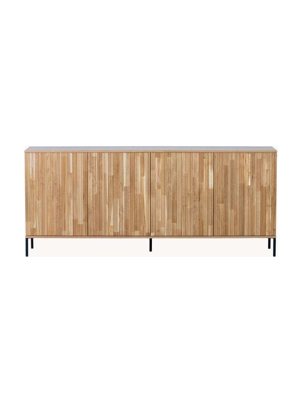 Credenza con frontale in legno di frassino scanalato Avourio, Ripiani: pannello di fibra a media, Piedini: metallo rivestito Questo , Legno di quercia, Larg. 200 x Alt. 85 cm