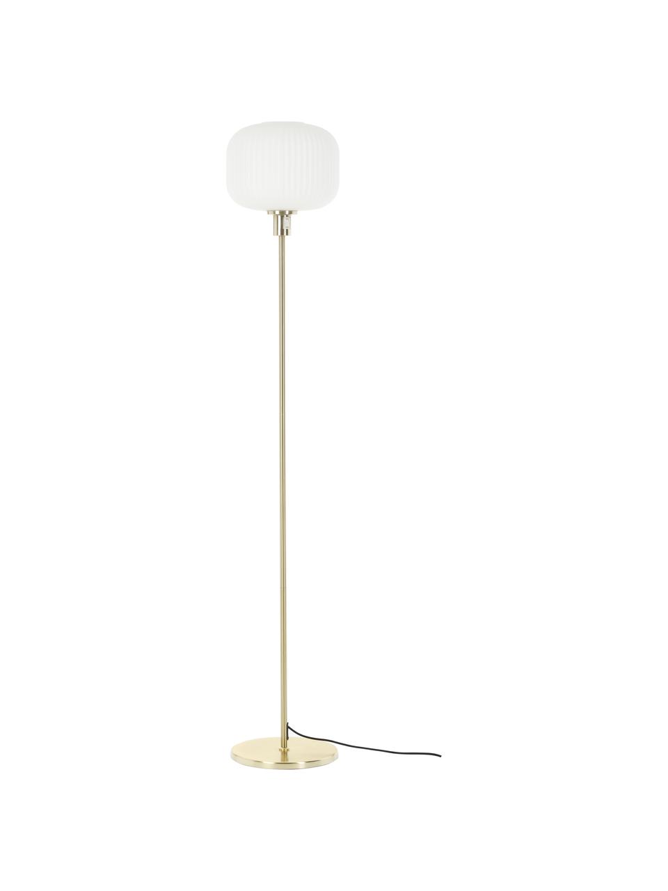 Lampada da terra in vetro opalino Sober, Paralume: vetro opale, Paralume: vetro, Struttura: metallo spazzolato, Bianco, dorato, Ø 25 x Alt. 141 cm