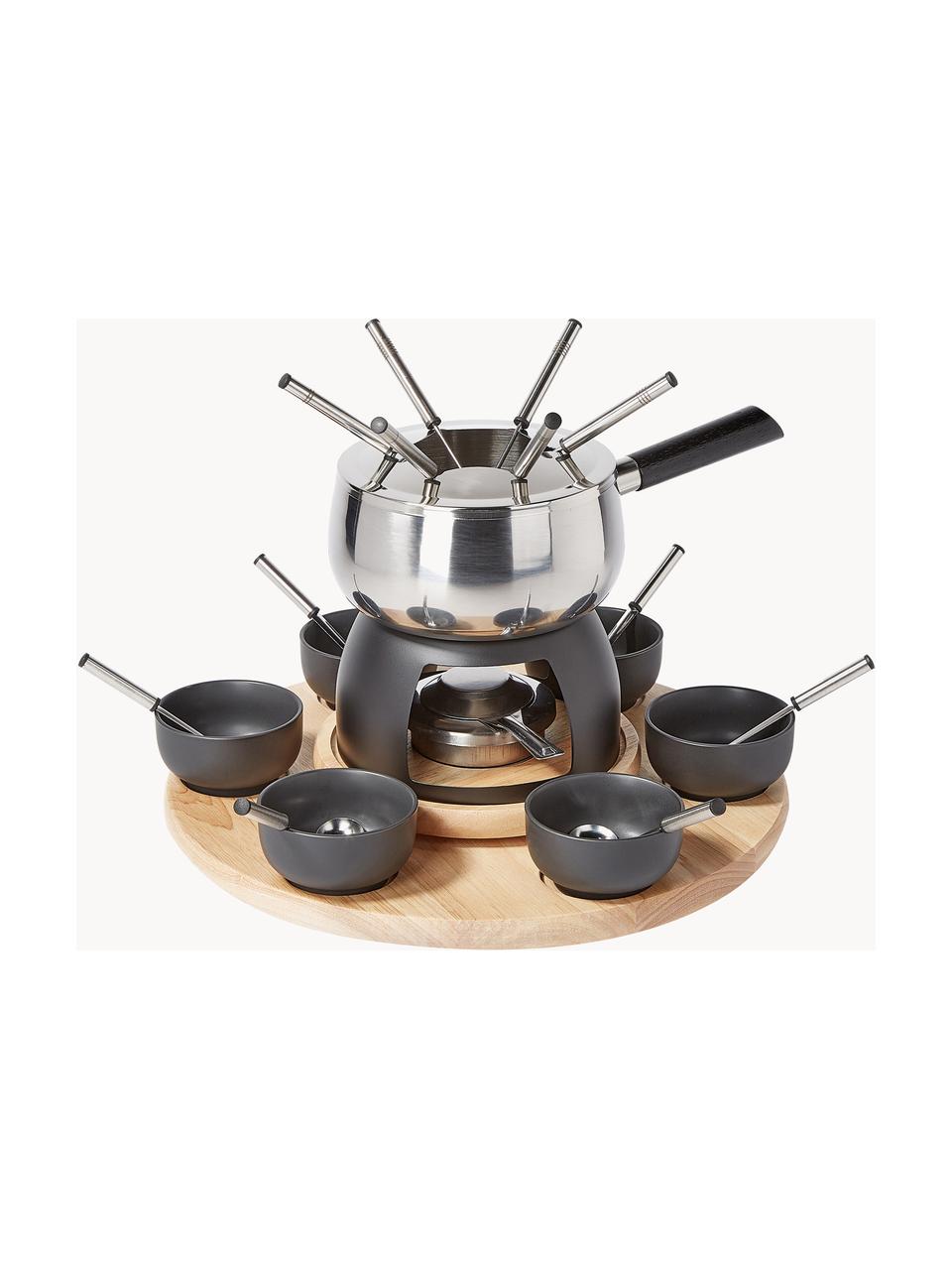 Set fondue de acero inoxidable y porcelana Maro, 6 comensales (22 pzas.), Negro, plateado, madera clara, Set de diferentes tamaños