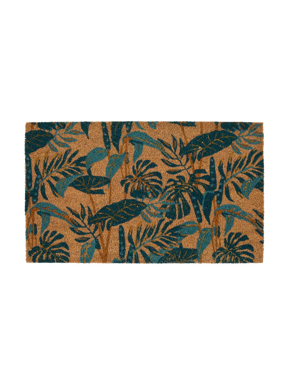 Fussmatte Pamchik mit tropischem Print, Vorderseite: Kokosfaser, Rückseite: PCV, Beige, Grüntöne, 43 x 73 cm
