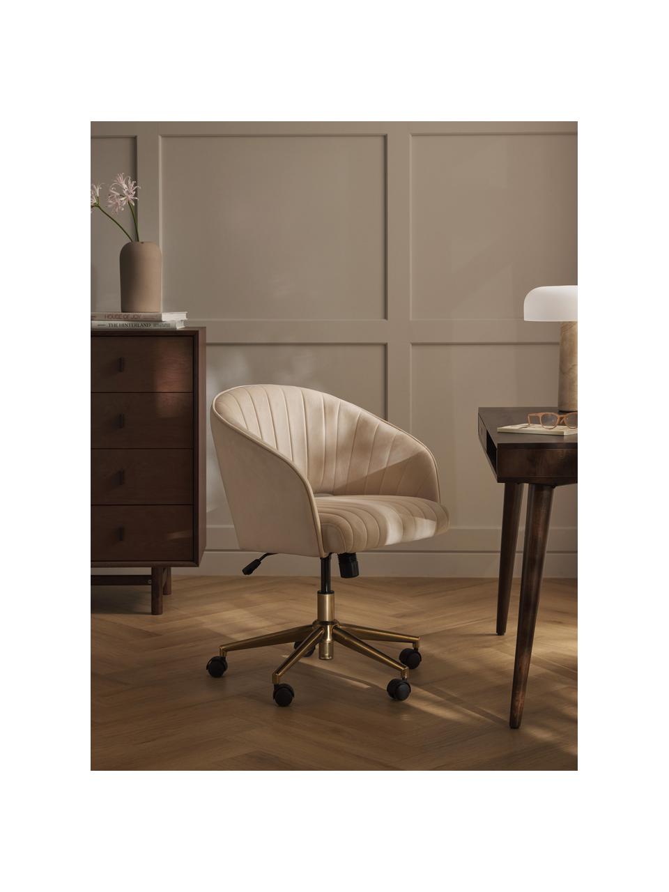 Fluwelen bureaustoel Laria met armleuning, in hoogte verstelbaar, Bekleding: fluweel (100% polyester) , Frame: geborsteld metaal, Wieltjes: kunststof Dit product is , Fluweel crèmewit, B 58 x D 60 cm