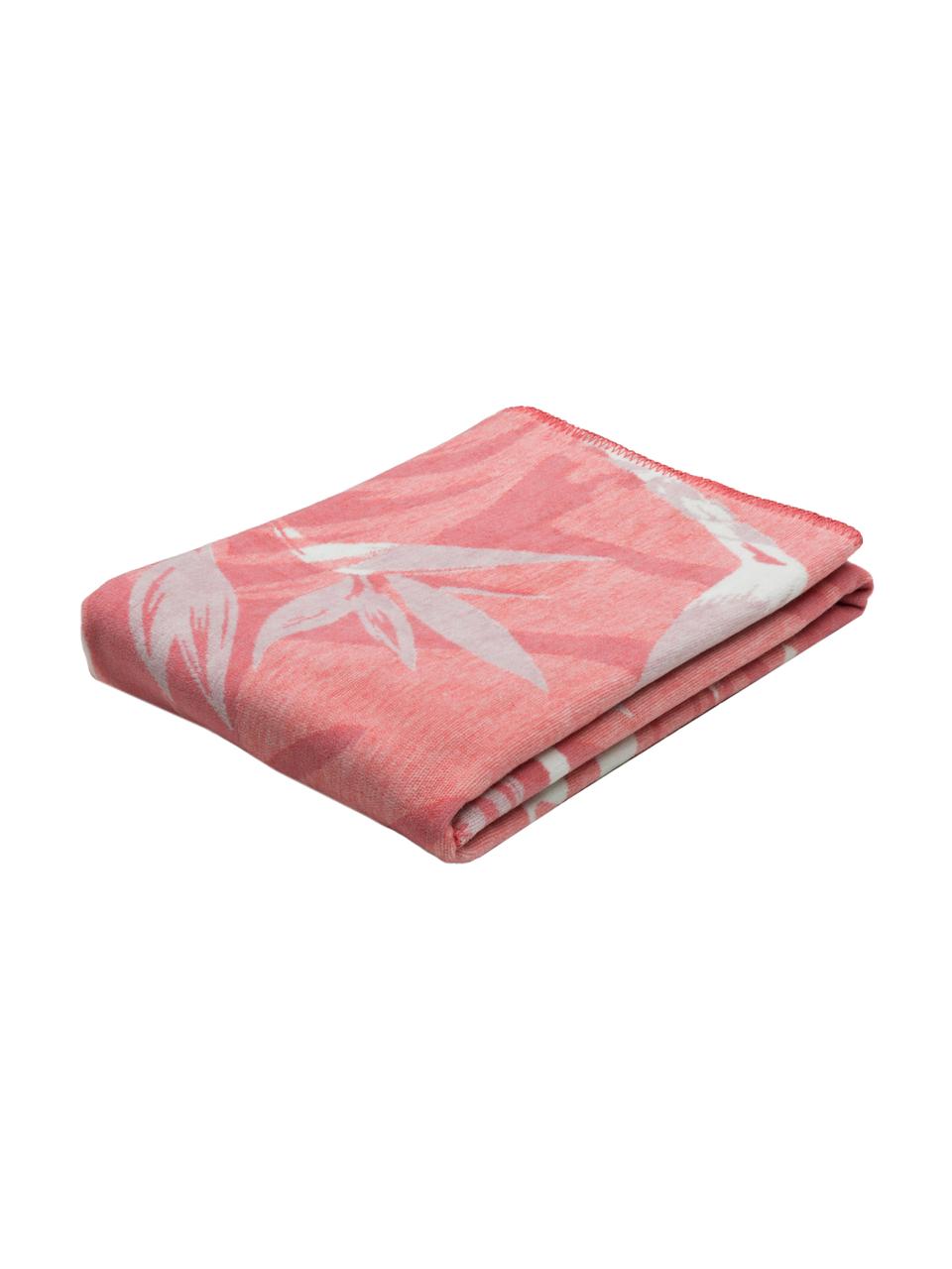 Plaid reversibile Tropical, 65% cotone, 35% poliacrilico, Toni rosa, bianco, Larg. 150 x Lung. 200 cm