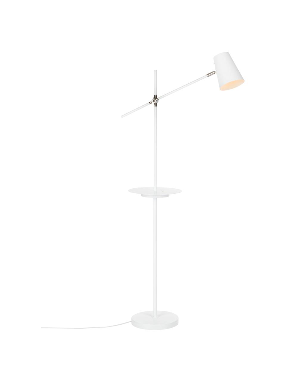 Leeslamp Linear met plank en oplader, Lampenkap: gecoat metaal, Lampvoet: gecoat metaal, Decoratie: geborsteld staal, Wit, D 65 x H 144 cm
