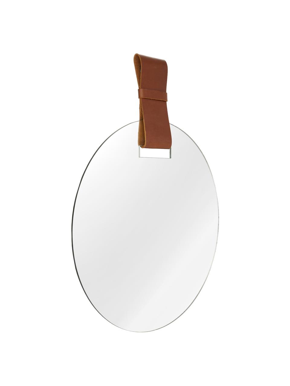 Runder Wandspiegel Miles mit Aufhängeand aus Leder, Spiegelfläche: Spiegelglas, Rückseite: Mitteldichte Holzfaserpla, Spiegelglas, Cognac, Ø 40 cm