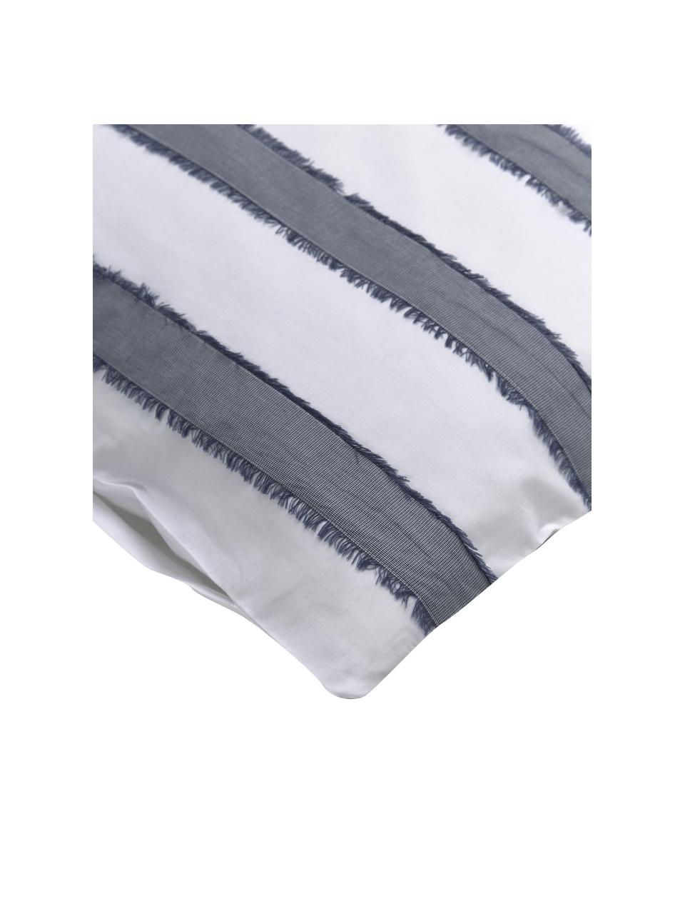 Pościel z perkalu z frędzlami Raja, Biały, niebieski, 200 x 200 cm + 2 poduszki 80 x 80 cm