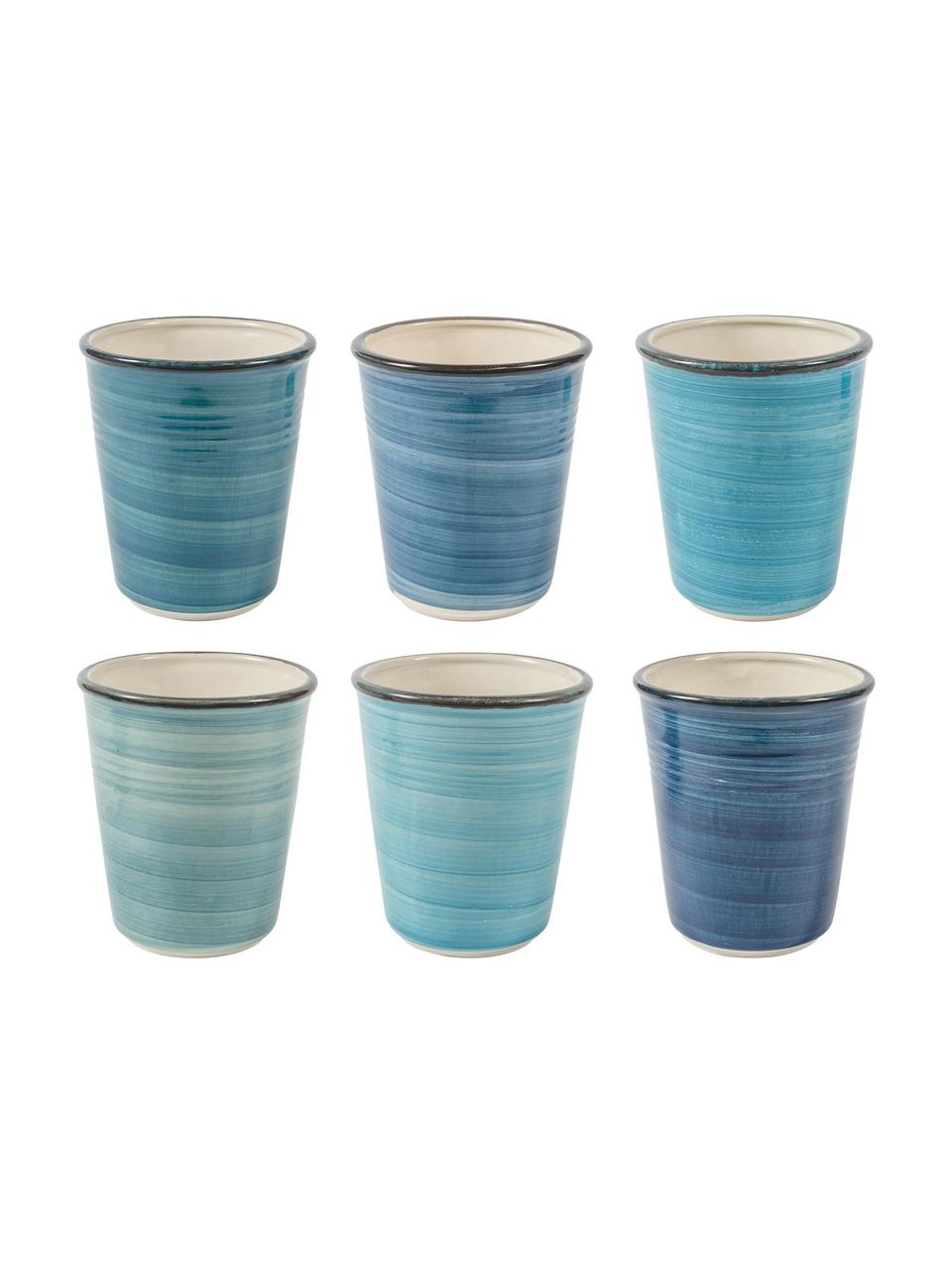 Mugs artisanaux Baita, 6 élém., Grès cérame (dolomie dure), peint à la main, Tons bleus, Ø 9 x haut. 11 cm, 350 ml