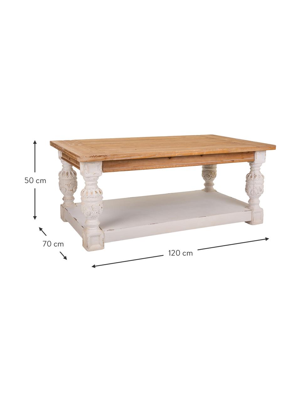 Tavolino rettangolare con finitura antica Kristoph, Struttura: legno di abete, resina, Marrone chiaro, bianco crema, Larg. 120 x Alt. 50 cm