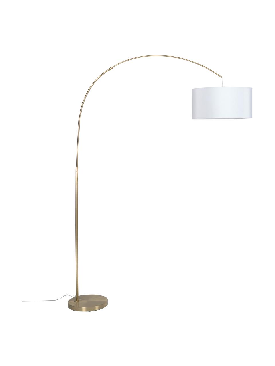 Grand lampadaire arc moderne Niels, Abat-jour : blanc Pied de lampe : couleur laiton Câble : transparent