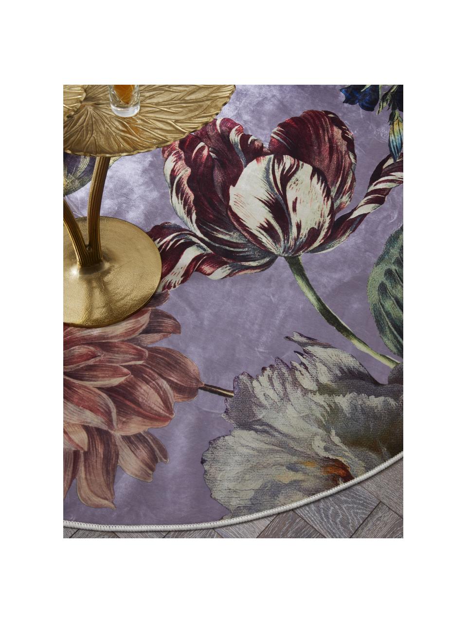 Runder Teppich Filou mit Blumenmuster, 60% Polyester, 30% thermoplastisches Polyurethan, 10% Baumwolle, Lila, Mehrfarbig, Ø 180 cm (Grösse L)
