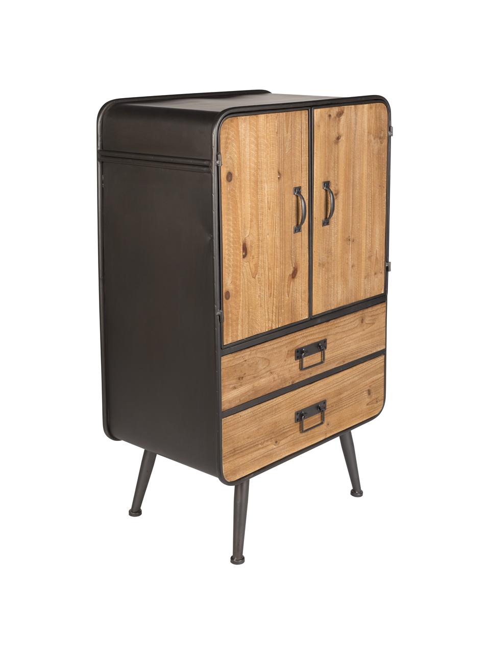 Petite commode industrielle Gin, Portes et tiroirs : bois de sapin structure, Poignées et pieds : gris