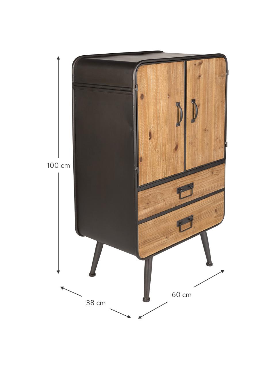 Kleine dressoir Gin in industrieel ontwerp, Deuren en lades: dennenhoutkleurig. Frame, handgrepen en poten: grijs, 60 x 100 cm