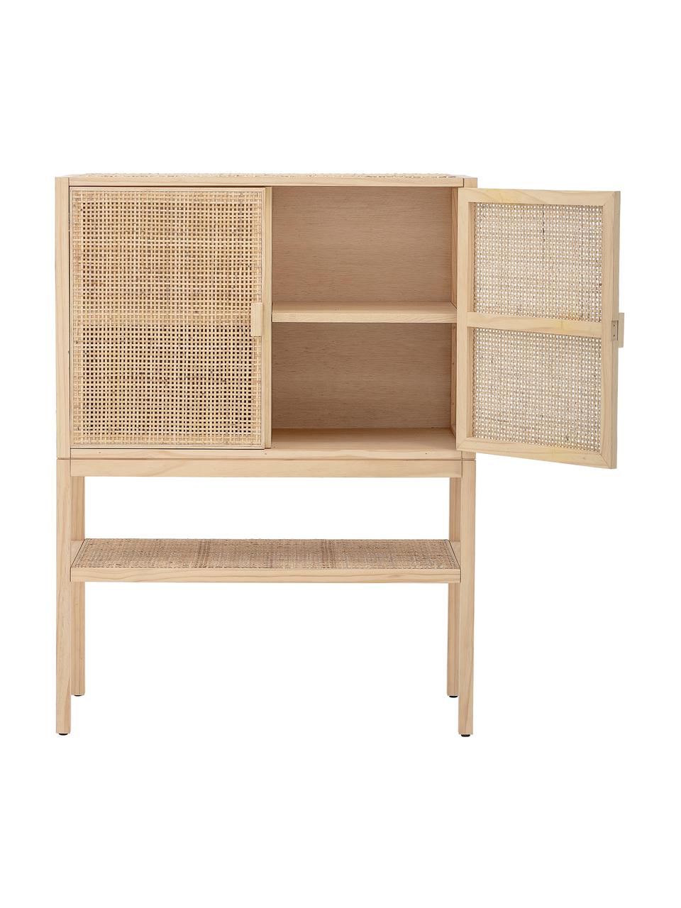 Buffet haut en bois de pin/rotin Sanna, Bois de pin, brun clair, larg. 90 x haut. 120 cm
