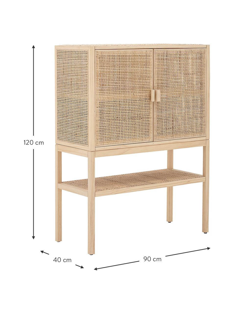Buffet haut en bois de pin/rotin Sanna, Bois de pin, brun clair, larg. 90 x haut. 120 cm