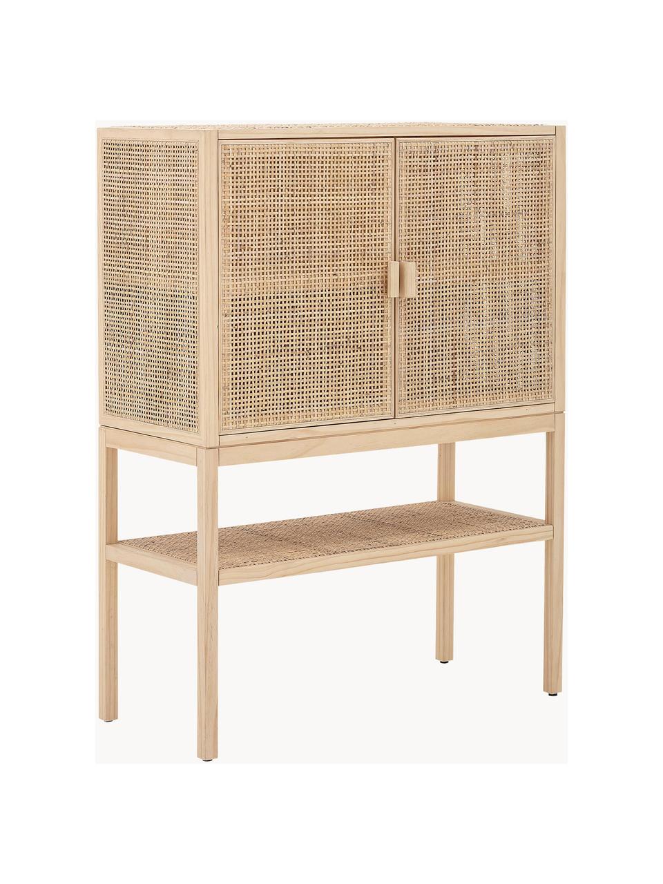 Highboard Sanna aus Kiefernholz/Rattan, Korpus: Kiefernholz, Rattan, Füße: Kiefernholz, Kiefernholz, B 90 x H 120 cm