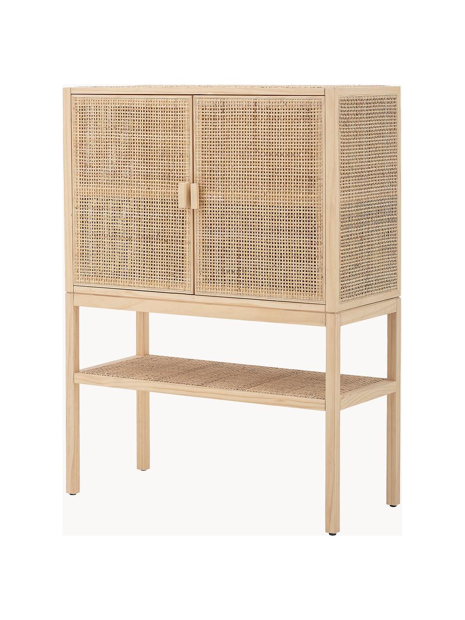 Chiffonnier de madera y ratán Sanna, Estructura: madera de pino, ratán, Patas: madera de pino, Madera de pino, beige, An 90 x Al 120 cm